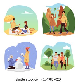 Conjunto de afiches para invierno y primavera, verano y otoño, ilustración vectorial plana aislada en fondo blanco. Dibujos de personajes y naturaleza.