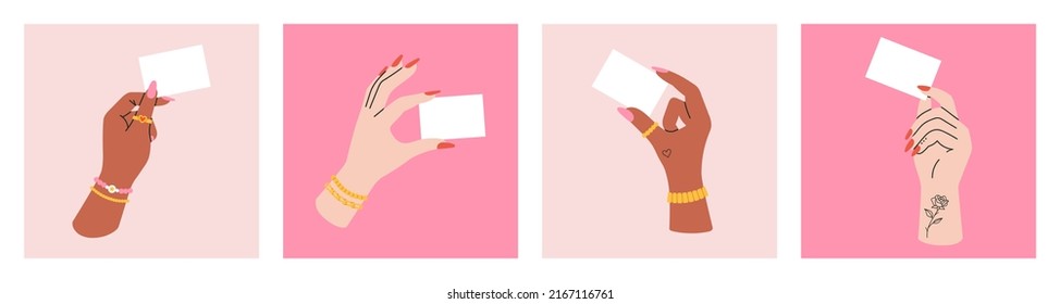 Set of posters with women's hands holding a business card. Template with blank sheet of paper for your information.
Cool colorful design. Hands with tattoos and jewelry.
Hand drawn vector illustration