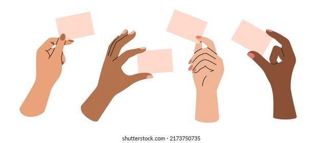 Set of posters with women's hands holding a business card. Template with blank sheet of paper for your information.
Cool colorful design.
Hand drawn vector illustrations isolated on white background.