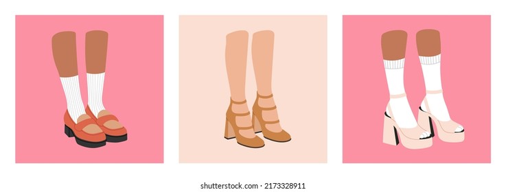 Set of posters with women's legs in boots, high heeled shoes, sandals, loafers, moccasins. 
Foot, feet. Stylish footwear for sport, parties etc. Fashion and lifestyle. Hand drawn vector illustration. 