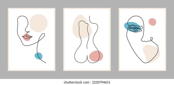 Set of posters with women's portraits in the style of line art with color spots. vector illustration