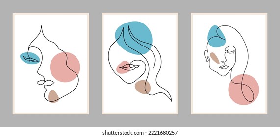 Set of posters with women's portraits in the style of line art with color spots. vector illustration