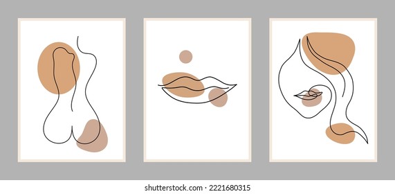 Set of posters with women's portraits in the style of line art with color spots. vector illustration