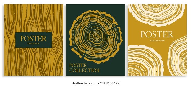 Set of posters with wood annual rings. Luxury banners with tree trunk in section. Flyers with realistic wooden concentric circles texture. Flat vector illustration collection isolated on background