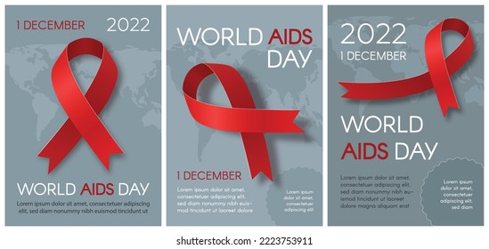 A set of posters for World AIDS Day with a red ribbon. Print template design. A vector flat illustration.