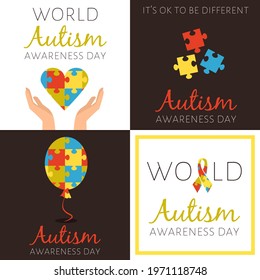 Set of posters for world autism awareness day with different symbols from puzzles meaning diversity diseases autistic spectrum. Flat colorful vector illustrations with lettering.