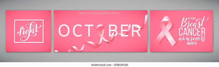 Set of posters for world breast cancer awareness month in october. Realistic pink ribbon symbol. Medical Design. Vector illustration.