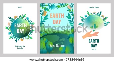 A set of posters for World Earth Day. Concept of ecology and environmental protection. Suitable for graphic and web design, presentation and printed materials.