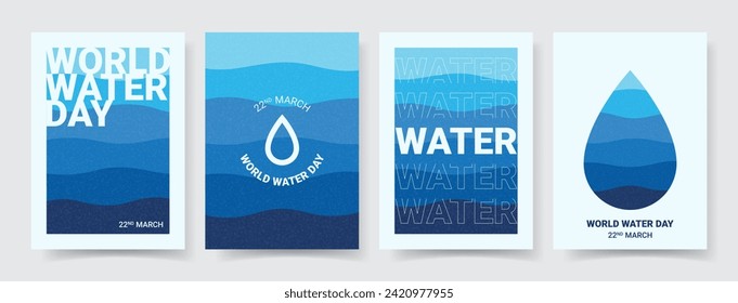 Set of posters for world water day. Vector illustration with flyers for decoration world water day. Concept of retro posters with water waves and typography. Flyers for social media, cover, branding.