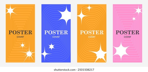 Set Posters y2k aesthetics. Collection of Banner templates with glitter, Sparkles. Stars, curved contour frames, bright colors. Elements of astrology, lines. Modern Abstraction. Vector illustration
