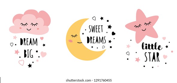 Set posters yellow sleepy moon pink star cloud for baby room decoration Childish style pink color Perfect for fabric print logo sign cards banners Kids wall art design Vector illustration 