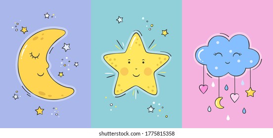 Set of posters yellow sleepy moon, smiling star and cute cloud for baby room decoration. Childish print for nursery. Design can be used for greeting card, baby shower. Vector illustration.
