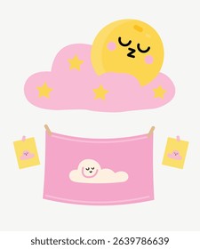 Set of posters yellow sleepy moon pink star cloud for baby room decoration Childish style pink color Perfect for fabric print logo sign cards banners Kids wall art design Vector illustration.
