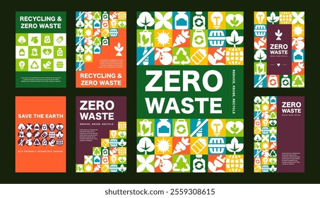 The set of posters Zero Waste, Bauhaus Design with Geometric icons for Eco themes in a vector illustration