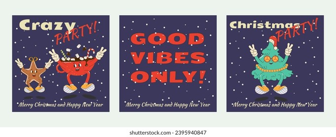 set of posters,invitations to a Christmas and New Year's party in a cartoon retro style. Funny characters: crazy cocoa with sweets and ginger cookies, groovy Christmas tree. Vector illustration