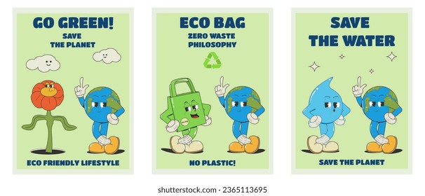 conjunto de afiches"Salven el planeta, bolsa ecológica, basura cero, verde, ahorra agua.Ilustración vectorial con el concepto de protección ambiental con personajes de dibujos animados tierra, bolsa, flor, caída en estilo retro