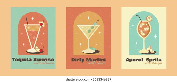 Conjunto de postes com coquetéis em fundo laranja com textura grunge. Tequila Sunrise, Dirty Martini, Aperol. Banner para restaurante, café, bar, clube. Pôster em estilo retrô. Ilustração de vetor plano.