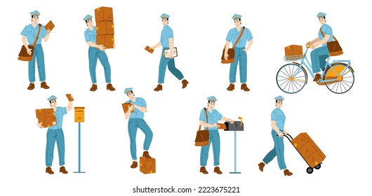 Set of postman characters delivering mail, flat vector illustration on white background. Mailman putting letters in mailbox, carrying parcels, riding bicycle, using trolley to move boxes. Occupation