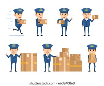 Set of postman characters with parcel box showing diverse actions. Funny postman holding parcel, running and showing other actions. Simple vector illustration