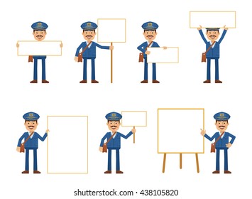 Set of postman characters posing with different blank banners. Cheerful mailman with paper, poster, placard, pointing to whiteboard, teach, advertise, promote. Flat style vector illustration