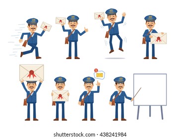 Set of postman characters posing in different situations. Cheerful mailman running, jumping, pointing up, holding letter, mail, email, pointing to whiteboard. Flat style vector illustration
