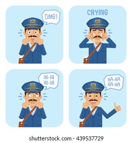 Set of postman characters showing different emotions. Cheerful mailman laughing, smiling, surprised, crying, showing thumb up gesture. Flat style vector illustration