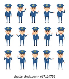 Set of postman characters showing diverse hand gestures. Funny mailman pointing, greeting, showing thumb up, victory, stop hand and other gestures. Simple vector illustration