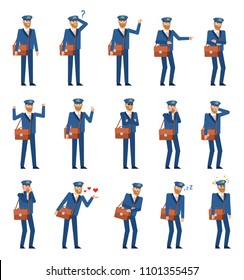Set of postman characters showing various emotions. Mailman thinking, laughing, crying, tired, angry, in love and showing other expressions. Flat design vector illustration