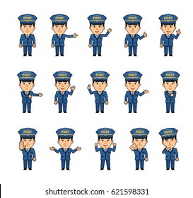 Set of postman characters showing various hand gestures. Funny postman showing thumb up, pointing, greeting, victory, stop sign and other hand gestures. Simple vector illustration
