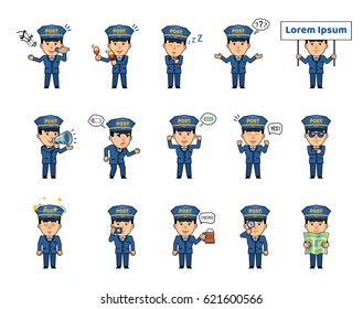 Set of postman characters showing various actions, emotions. Funny postman singing, sleeping, holding placard, loudspeaker, map, taking photo and doing other actions. Simple vector illustration