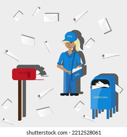 Set with postman girl in a blue uniform and a cap with the inscription mail, bag with letters, box of express mail on falling letters background with shadows. Cut out paper picture on mail concept. 