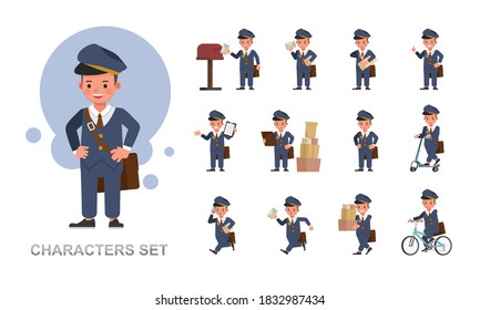 Conjunto de diseño vectorial de caracteres de chico de Postman. Presentación en acción diversa con emociones, correr, pararse y caminar.