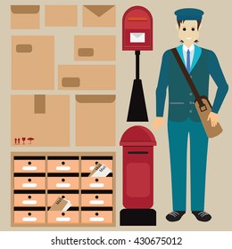 Set of postman with letter box ,Letter symbols and pictogram,parcel letter and Locker post box, vector illustration.