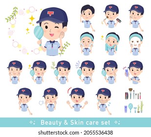 A set of postman on beauty.There are various actions such as skin care and makeup.It's vector art so easy to edit.