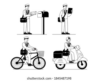 Set of Postman on Black White Outline Flat Illustration