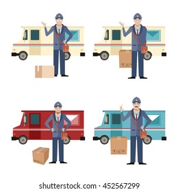Set of postmen and delivery car