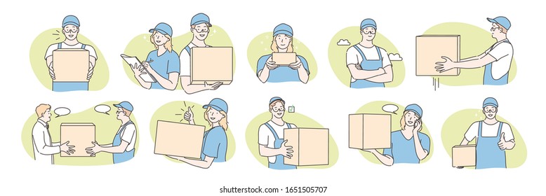 Conjunto de postmen, concepto de entrega. Recopilación de ilustraciones de hombres y mujeres que entregan un paquete o orden de dirección. Publicación rápida o expresa. Entrega de paquetes al estilo de las caricaturas. Vector simple