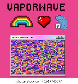 Set of postmodern vaporwave stickers made in pixel art technique: console window, dolphin, rainbow and stylized heart. Retrowave 8-bit style like in old arcade video games.