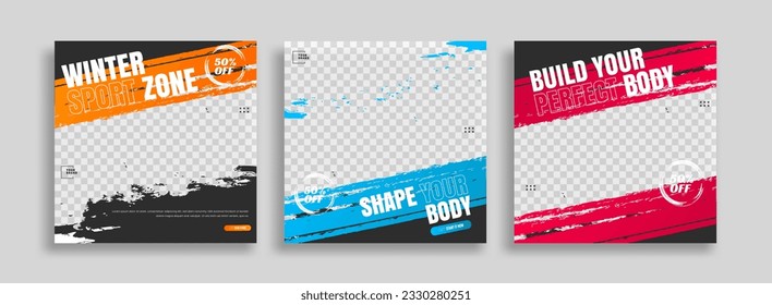 set of posts on social media vector illustration. Stylish graphics templates posts. dynamic abstractions typography photo. modern art paint and brush stains, fitness subjects gym.
