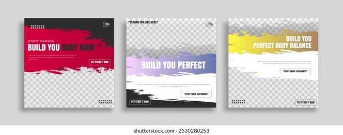 set of posts on social media vector illustration. Stylish graphics templates posts. dynamic abstractions typography photo. modern art paint and brush stains, fitness subjects gym.