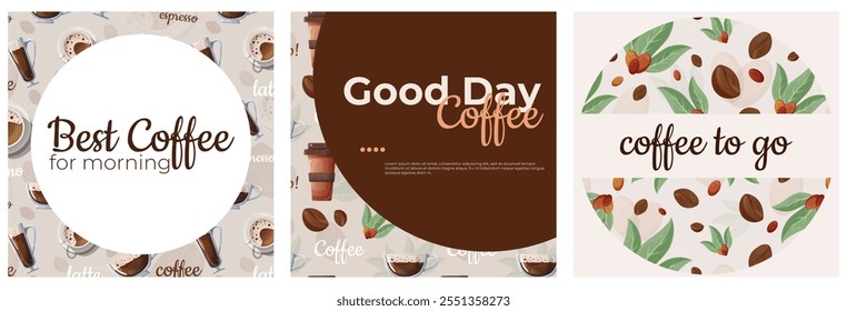 A set of posts for social networks with a coffee theme. Bright compositions with cups of coffee, coffee beans and text elements. Suitable for promoting coffee shops, cafes and online stores.