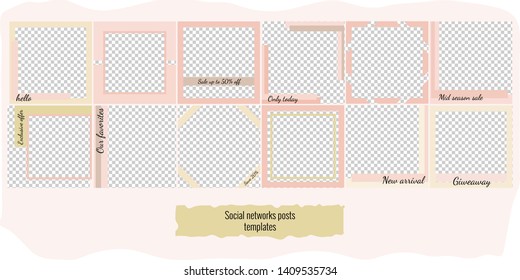 Set of posts templates for social media. Peach and beige colors.