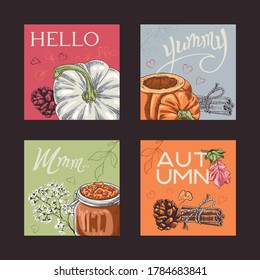 set of posts "Yummy autumn" with pumpkins and foliage