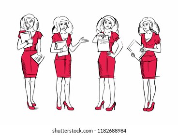 Set of postures. Insurance agent. Woman in business suits with contract or document.