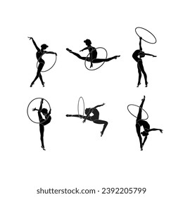 Set von Haltungen der rhythmischen Gymnastik mit hoop flachen Silhouette Vektor. Rhythmische Gymnastik weibliche Athleten schwarz Symbol einzeln auf weißem Hintergrund.