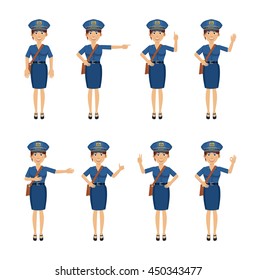 Set Of Postwoman Characters Showing Different Hand Gestures. Cheerful Carrier Showing Thumb Up Gesture, This Way, Greeting, Waving, Pointing Up, Victory Sign. Flat Style Vector Illustration