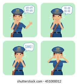 Set of postwoman characters showing different facial expressions. Cheerful postwoman showing thumb up gesture, laughing, crying, smiling, surprised. Flat style vector illustration