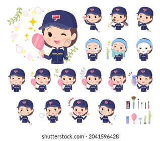 A set of  postwomen on beauty.There are various actions such as skin care and makeup.It's vector art so easy to edit.