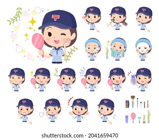 A set of  postwomen on beauty.There are various actions such as skin care and makeup.It's vector art so easy to edit.