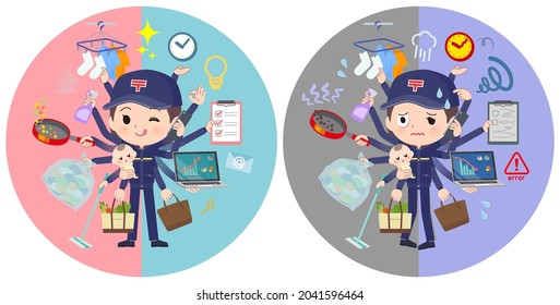 A set of  postwomen who perform multitasking in offices and private.It's vector art so easy to edit.